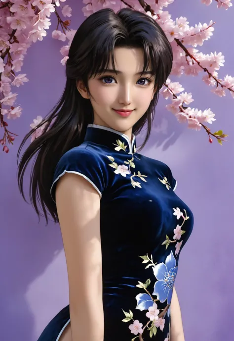 Masterpiece, virtual photography, high resolution, wallpaper, a woman in a black and blue velvet cheongsam, smiling in front of the viewer, ultra-realistic, cherry blossoms in the background, lilac wall