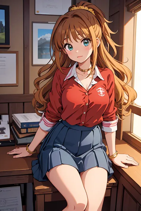 anime girl sitting on a desk with her legs crossed