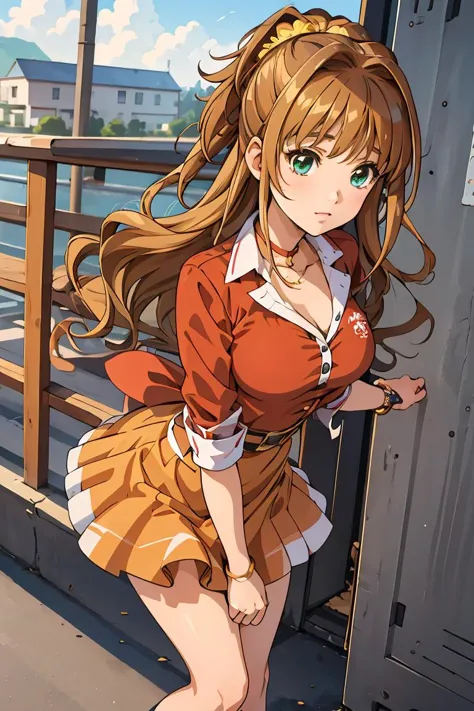 anime girl in a short skirt and a red shirt standing on a bridge