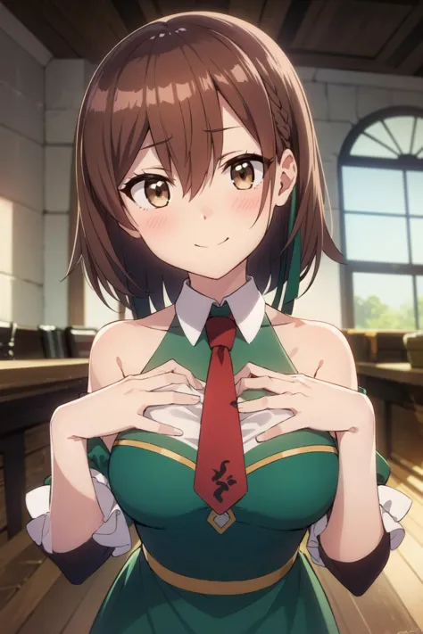 anime girl in green dress with red tie and white shirt