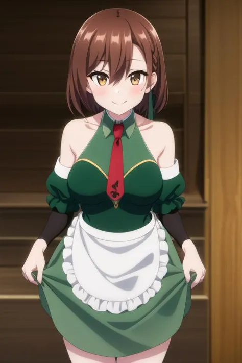 ((masterpiece, best quality)),((1girl)),smile,indoors,medium  breasts,lola, ore dake haireru, lola metrose,bare_shoulders, brown_eyes, brown_hair, bubble, detached_sleeves, frilled_apron, green_dress, green skirt,hair_between_eyes, necktie,red_necktie,short_hair, white_apron, <lora:lolamix:0.75>