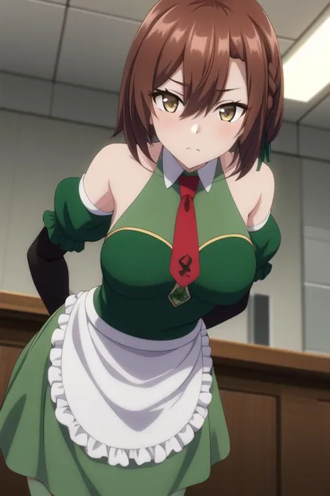 anime girl in green dress with red tie and gloves