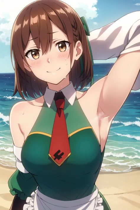 anime girl in green dress with red tie on beach near ocean