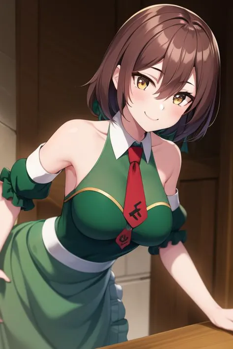 anime girl in green dress leaning on a table with her hands on her hips