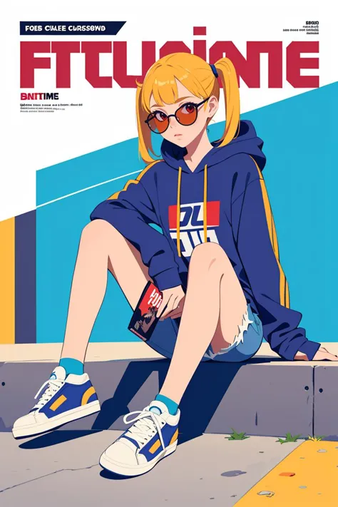 flat vector art,vector illustration, (Magazine cover-style illustration of a fashionable girl),street, in public,(The text on the cover should be bold and attention-grabbing, with the title of the magazine and a catchy headline:1.1) cute:1.2,yellow hair,red eyes,twintails,bangs, sitting, 1 pair of sunglasses, hoodie, colored hoodie, denim shorts, sneakers, skateboard, Human focus, outdoor, blue sky, White clouds, graffiti wall, flat, solo,