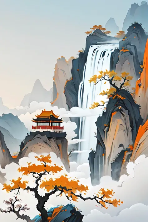 Chinese landscape painting, landscape artistic conception, Zen aesthetics, Zen composition, Chinese ancient architectural complex, Chinese Forbidden City, peach trees, snow scenery, Chinese classical painting style, orange and vermilion, clouds and mist, majestic mountains, forests, waterfalls, looking up, rich lighting, minimalism, ultimate details, unparalleled details, movie special effects, realism, brushstrokes, fine details,Gongbi Shanshui , 