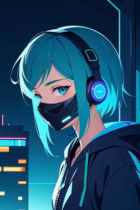 Comic style, illustration, line art style, (frontal view, facing viewer:1.2), centered, masterpiece, face portrait, | 1girl, solo, aqua hair color, short hairstyle, light blue eyes, | (neon wireless headphones headset:1), (black neon futuristic mouth mask:1), dark blue hoodie, sunset, buildings, urban scenery, depth of field,futuristic city lights, neon lights | bokeh,