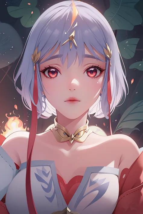 anime girl with blue hair and red eyes in a red dress