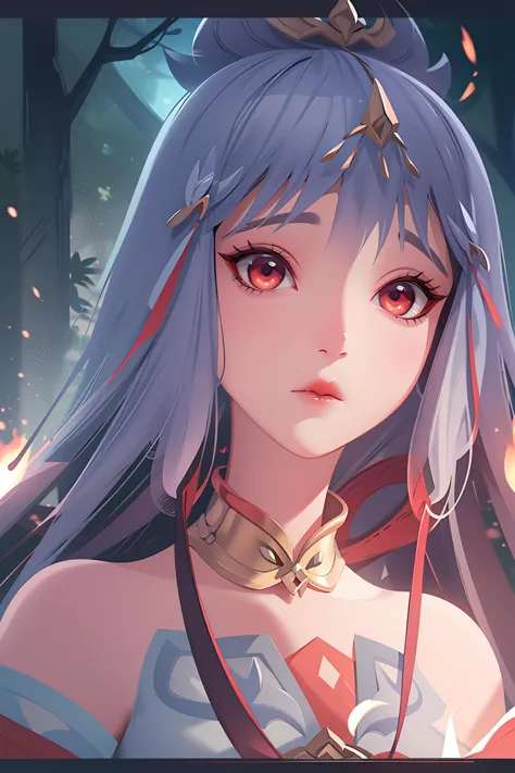 anime girl with long hair and red eyes in a forest