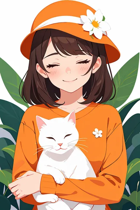 flat vector art,vector illustration, 1girl, upper body,orange sweater, blush, closed eyes, holding cat, smile, hat, white headwe...