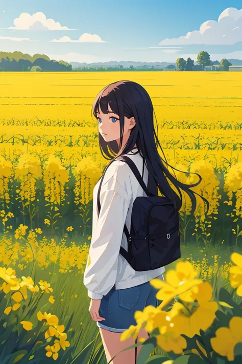 flat vector art,vector illustration, 1girl,outdoors,Rapeseed,scenery,hyper detailed render style,masterpiece, best quality, highres