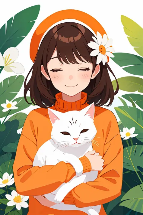 flat vector art,vector illustration, 1girl, upper body,orange sweater, blush, closed eyes, holding cat, smile, hat, white headwear, long sleeves, flower, white flower,  solo, leaf, plant,  brown hair, medium hair , masterpiece, best quality, highres,soft lighting,,