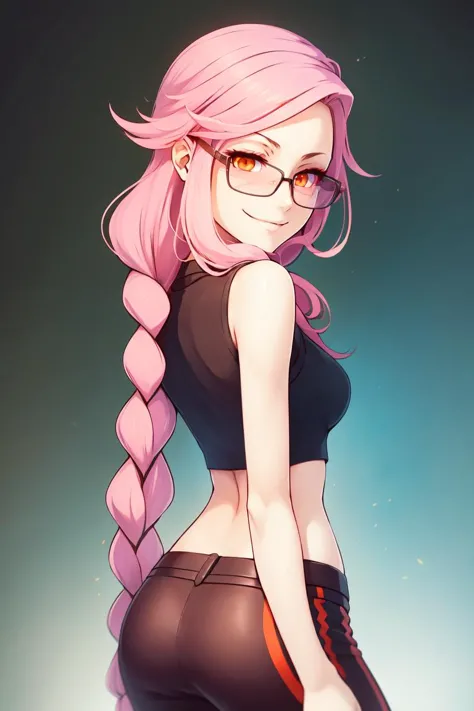 a woman with pink hair and glasses posing for a picture