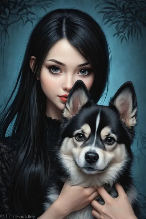 by Lori Earley and Stuart Immonen in the style of Junji Ito, cute 18 year old woman and her dog, digital painting <lora:digital_painting_envy01:1.00>