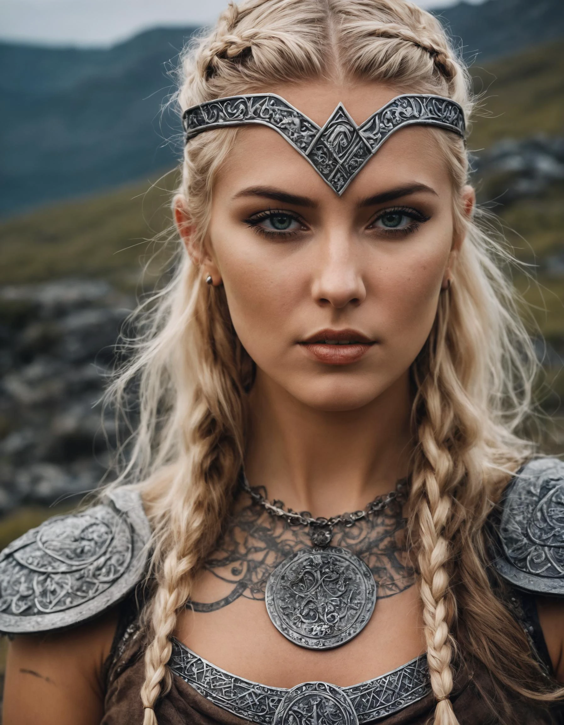 Viking warrior maiden, dark runes, warrior of the north, harsh land, beautiful face!, runes, harpy woman, without helmet, strong and warlike, berserk, valkyrie, Vikings 