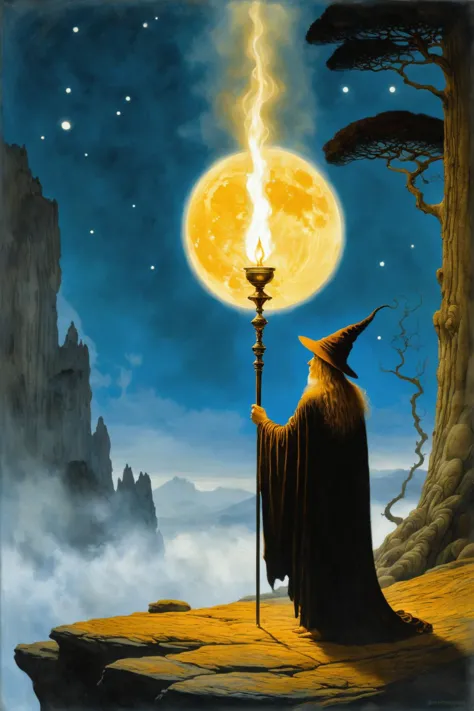 a painting of a wizard holding a staff in front of a full moon