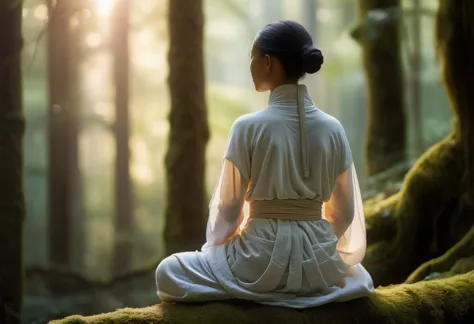 seen from behind, a young female monk with a (transparent silhouette:1.3), meditating on a mossy tree in a forest, white soft fl...