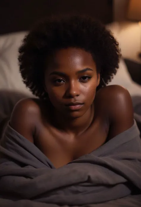 ((beautiful)), young black woman, in messy bedroom, sleeping under cover, eyes closed, short afro, ((dark skin)), ((High angle))...