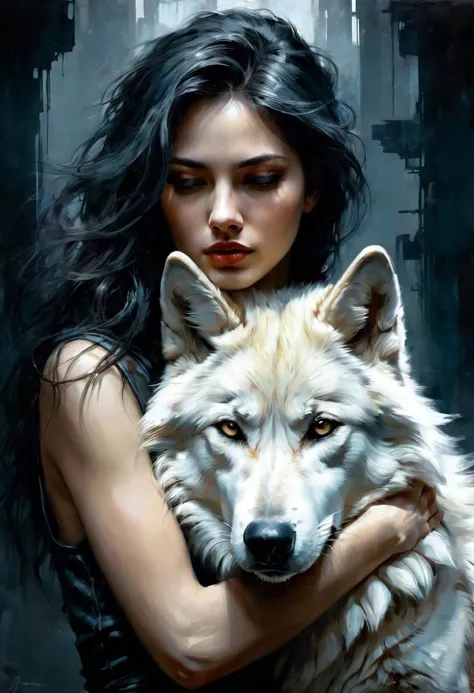 Deeply emotional Beautiful woman embracing her dog wolf companion. Dark background. Emotional. Dynamic angle.  Open eyes. Detail...