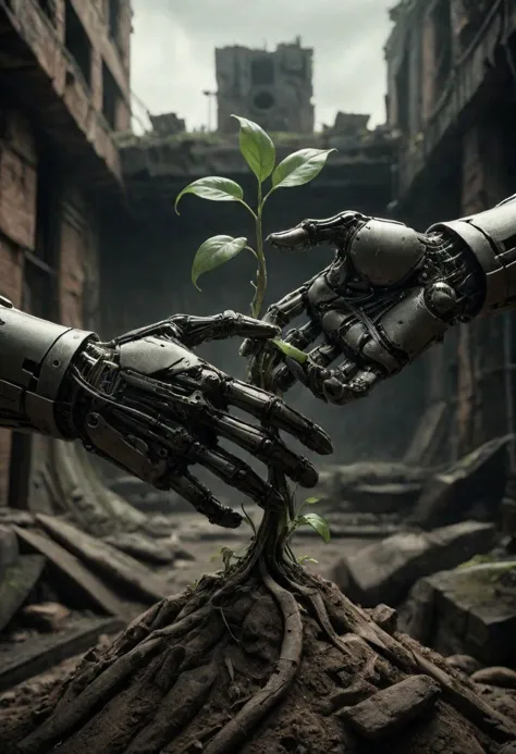 Capture the essence of a dystopian future in a close-up photograph featuring two cyborg or robotic hands cradling a mound of fre...