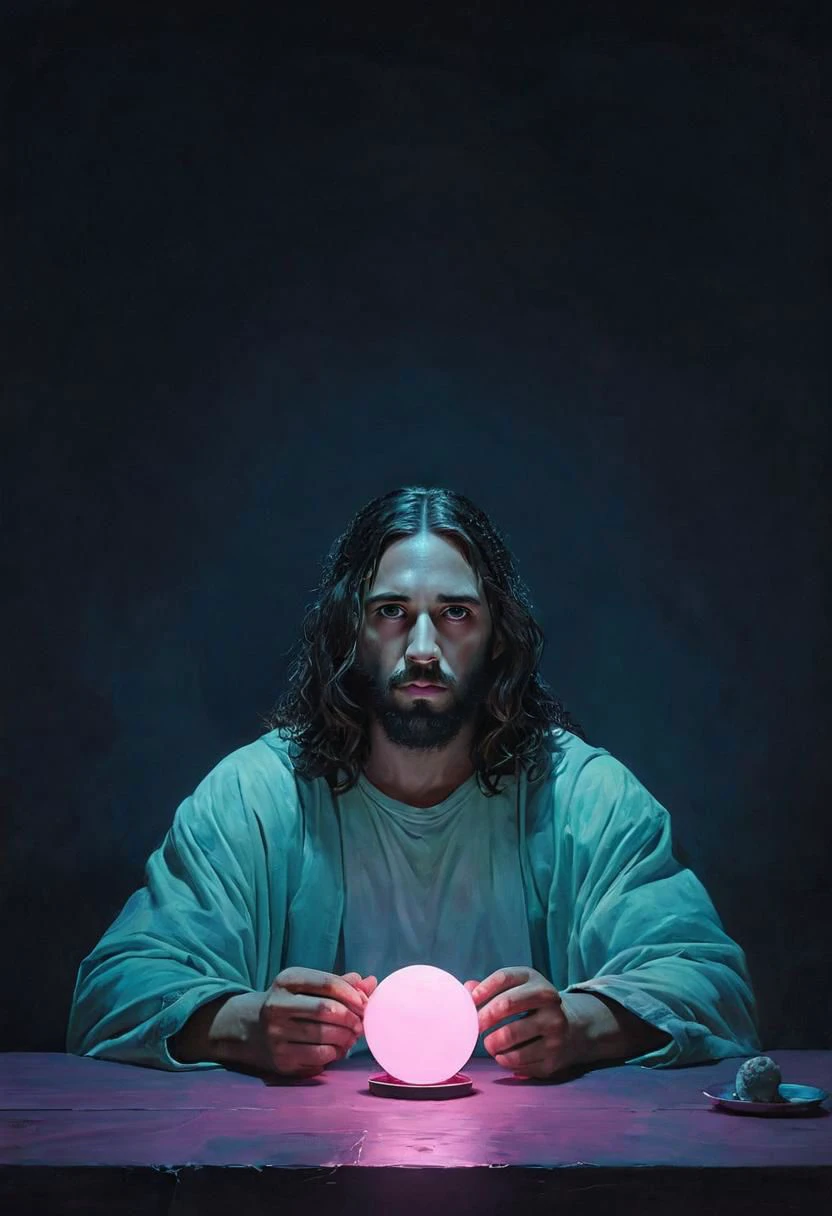 Super Closeup Portrait, Capture the neon-pastel dystopian modern dystopian casual essence of jesus as he relentlessly Sits between His mates, The last supper. Explore the neon-pastel somber tones and bleak atmosphere in your depiction, emphasizing the eternal struggle and challenge of his plans from a side perspective.