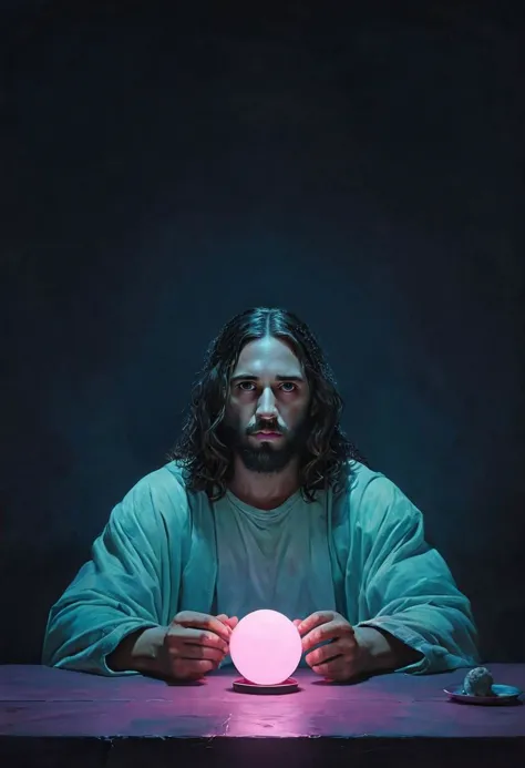 Super Closeup Portrait, Capture the neon-pastel dystopian modern dystopian casual essence of jesus as he relentlessly Sits betwe...