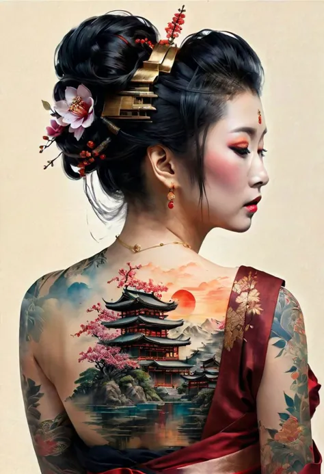 masterpiece, best quality, 8k, HDR, RGB, oil paints, watercolor, ink,
A double exposure of a Geisha, full body, rear view, back ...