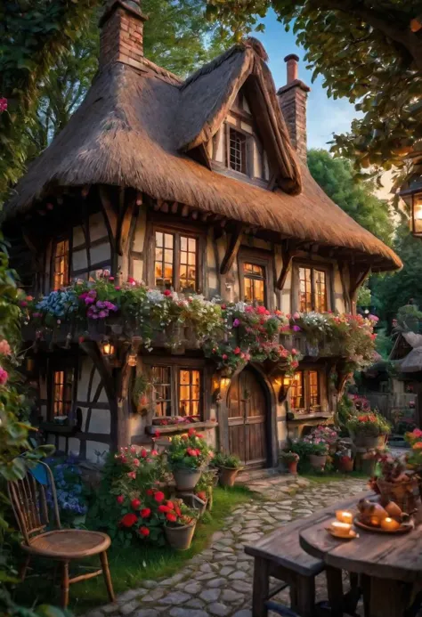 (highest quality, professional photography, masterpiece, best quality, epiCPhoto:1.4), a mysterious old cottage<quaint, magical,...