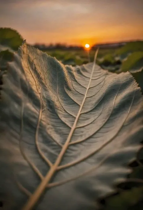 a close up of a leaf with a sun setting in the background