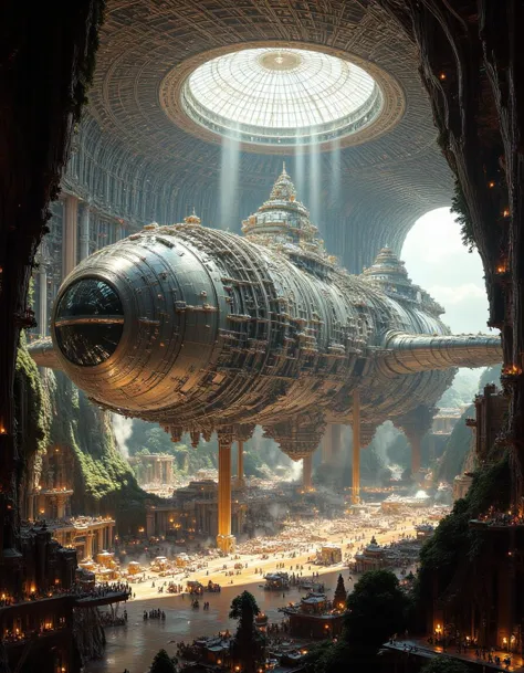 detailed scene of an ancientstyle a colossal spacecraft, industrial and futuristic in design, hovers within an enormous, domed h...