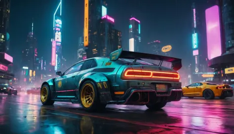 A photo of a (cyberpunk rally car:1.3), sleek aerodynamics, neon underglow, (futuristic mods:1.2), standing against a backdrop o...