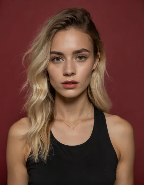 a 20 yo woman,blonde,(hi-top fade:1.4),dark theme,soothing tones,muted colors,high contrast,(natural skin texture, hyperrealism, soft light, sharp),waist up,fashion design,black sport tank top,jogger,(red background:1.1),simple background,
