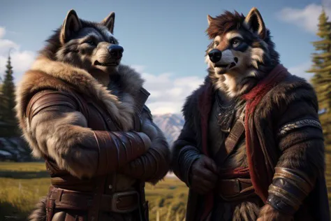 two men in costumes with wolf heads and furs standing in a field