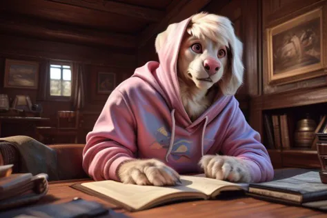 there is a dog wearing a pink hoodie sitting at a table