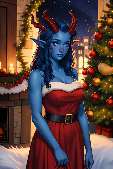 <lora:Tiefling_v1:1> 20 years woman, tiefling, colored skin, horns, pointy ears, blue skin, <lora:Santa Dress_v1:1> santa dress,...