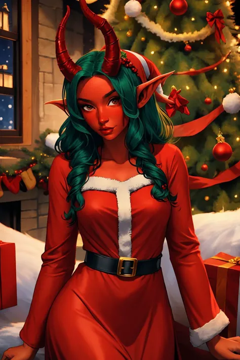 <lora:Tiefling_v1:1> 20 years woman, tiefling, colored skin, horns, pointy ears, red skin, <lora:Santa Dress_v1:1> santa dress, ...