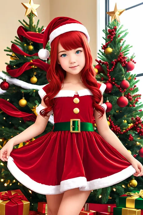 1girl, red hair, green eyes, <lora:Santa Dress_v1:1> santa dress, christmas tree
