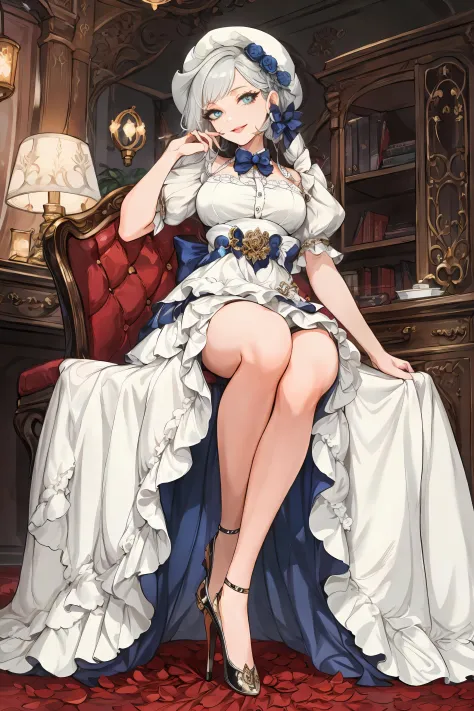 (Masterpiece, Best Quality:1.2),  absurdres, (Traditional Media:1.2), (2d:1.2), (centered:1.3), illustration, skirt_tail, highly detailed, (ultra-detailed), mid shot, (full body:1.3), (perfect female figure), skirt, dress, frills, sitting on a chair, high heels, (solo), beautiful, (detailed eyes, detailed face:1.2), lips, smilebeautiful, lips, shiny, dynamic pose, various colors, depth of field, scenery, (details:1.2), sharp focus, depth of field, center frills