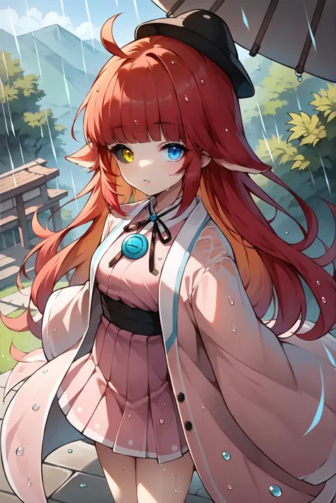 anime girl with red hair and blue eyes holding an umbrella