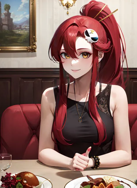 ((best quality)), ((highly detailed)), masterpiece, absurdres, (detailed eyes, deep eyes), (1girl), partially submerged, <lora:yoko_littner:.7>, yoko_littner, red hair, very long hair, ponytail, hair stick, skull hair ornament, yellow eyes, smiling, <lora:gothGirls_gothV1:.7>, goth, (indoors, at a dining room)