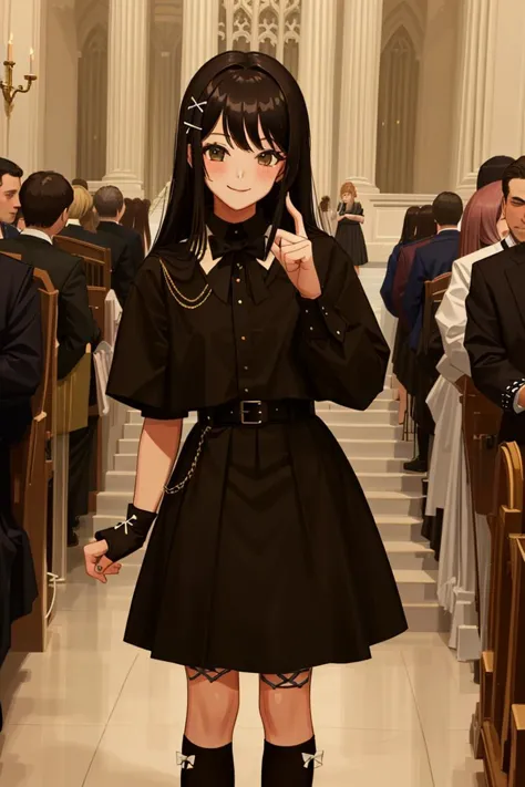 1girl, adult:1.3, long black hair, goth, (gothic cathedral), ribbons, bows, pleated skirt, stitched leather, fingerless gloves, close up, smile , <lora:Theme_GothGirls-v1:0.8>