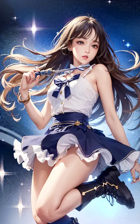 ((magical girl)), ((gorgeous starry sky background)), ((ultra-detailed)), ((cinematic lighting)), dynamic angle, floating, finely detailed, (glitter:1.2), (sparkle:1.2), (shine:1.2), classic, (best quality), (masterpiece:1.2), (solo), beautiful detailed fa...