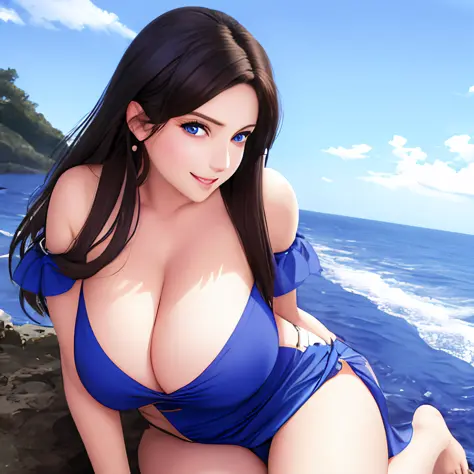 photorealistic, realistic, solo, photorealistic, best quality, ultra high res,Straight hair, big blue eyes, cheerful expression, curvy figure, off shoulder, cleavage_cutout, beautiful, art by Ken Sugimori