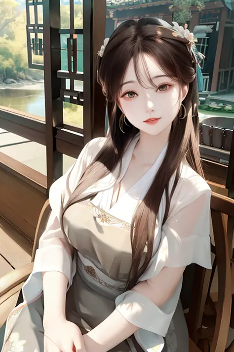 upper body, oil painting, masterpiece, best quality, highres, <lora:koreanDollLikeness_v15:0.5>, long brown hair, jewelry hairpin, breast, riverside and chair, sitting, song Dynasty, song clothing, <lora:hanfuChinese_v20:1>