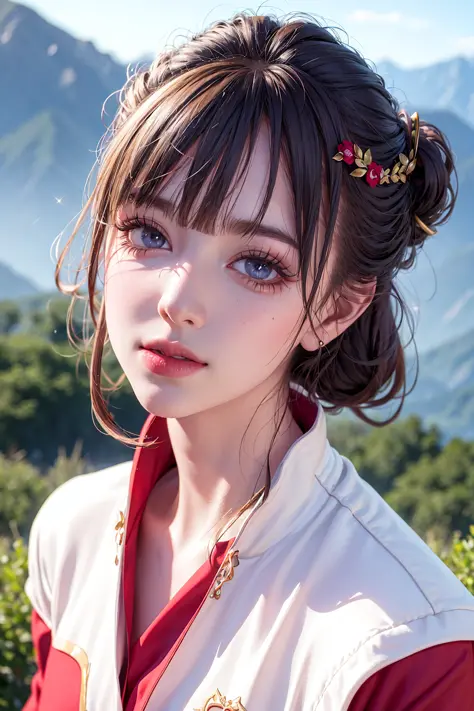 1 girl, (extreme skin luster: 1.4), (extreme light and shadow changes), (gorgeous costume: 1.5), (detailed face and eyes: 1.3), (shiny colored eyes: 1.5), intricate hair decoration.

The young girl in the painting is dressed in a red robe, as if her snow-w...