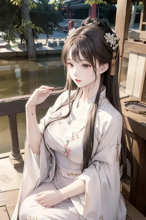 upper body, oil painting, masterpiece, best quality, highres, <lora:koreanDollLikeness_v15:0.5>, long brown hair, jewelry hairpin, large breast,riverside and rock or temple or bridge, extremely clothes, sitting, (song Dynasty, song clothing:1.2), <lora:han...