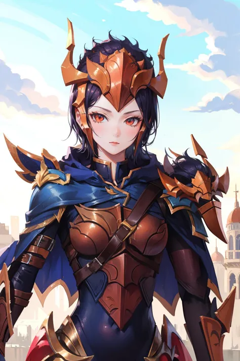 a woman in armor with a sword and armor on her chest