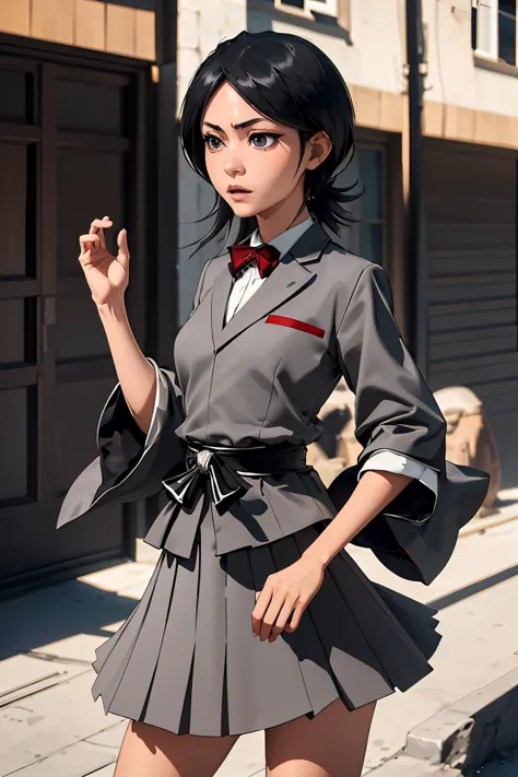 (masterpiece, best quality), 1girl,  <lora:rukia-nvwls-v1:1> kuchikirukia, black robes, sash, bowtie, grey blazer, grey skirt, bowtie, white shirt, grey skirt