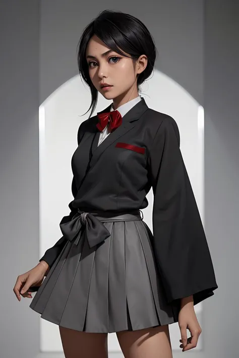 (masterpiece, best quality), 1girl,  <lora:rukia-nvwls-v1:1> kuchikirukia, black robes, sash, bowtie, grey blazer, grey skirt, b...