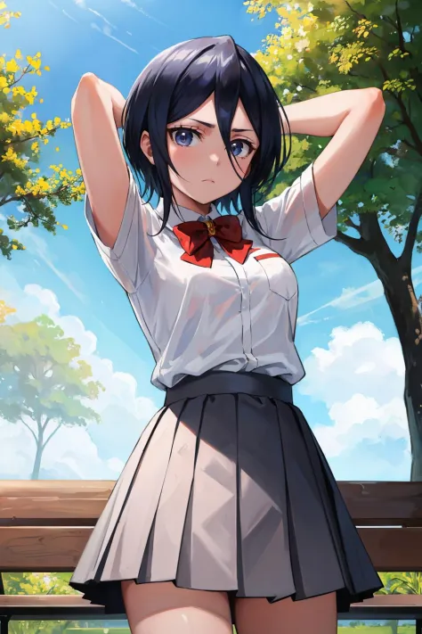 masterpiece, best quality, <lora:rukia-nvwls-v1-000010:0.9> kuchikirukia, bowtie, white shirt, short sleeves, grey skirt, school, outdoors, trees, bench, arms behind head, emotionless, looking at viewer, from below, sky